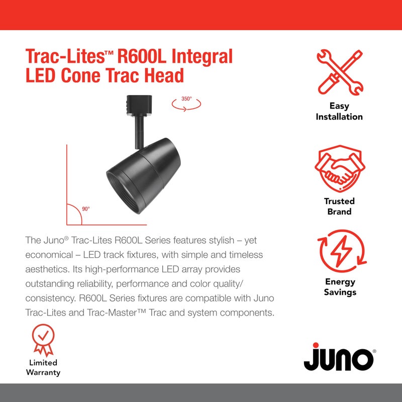 Juno Lighting R600L G2 3500K 80CRI PDIM FL BL Dimmable 9.5W LED Trac Head, 50W Equivalent, Black, Regular Flood Gen 2 - Image 2
